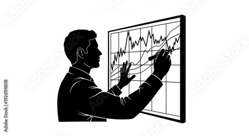 Man in black silhouette analyzing a graph on a whiteboard with a marker