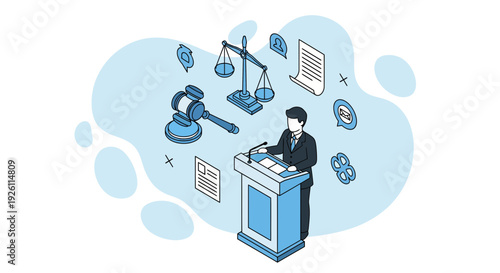 Lawyer at Podium with Legal Symbols.