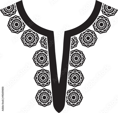Black and white ethnic neckline embroidery design with floral mandala patterns for modern tunics and shirts.