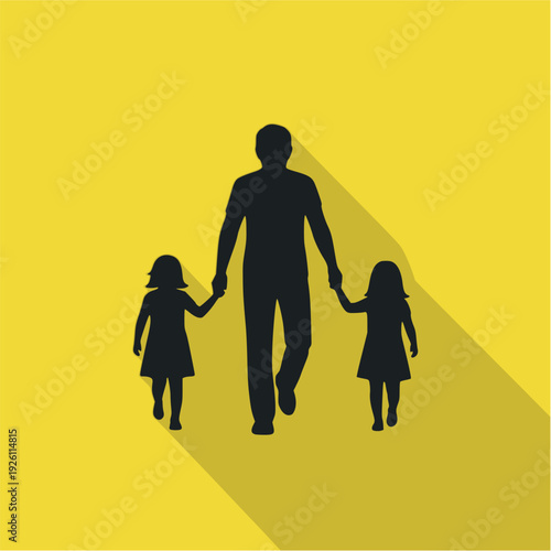 Father with two children long shadow silhouette vector illustration isolated on white background