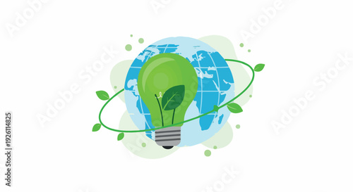 Illustration of a green light bulb with a leaf inside, encircled by a green ring and orbiting a blue globe with sprouting leaves on a white background.