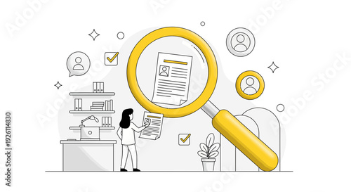 Magnifying Glass Examining Document Illustration.