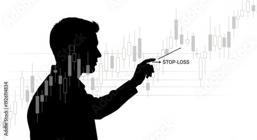 Man pointing to stop loss on stock market graph