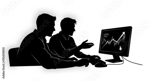 Two men sitting at a computer looking at a graph on the screen together