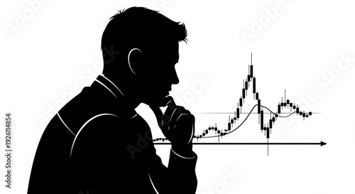 Silhouette of a man analyzing a financial graph with a thoughtful expression