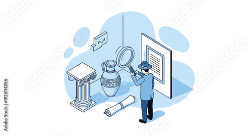 Man Examining Document with Magnifying Glass.