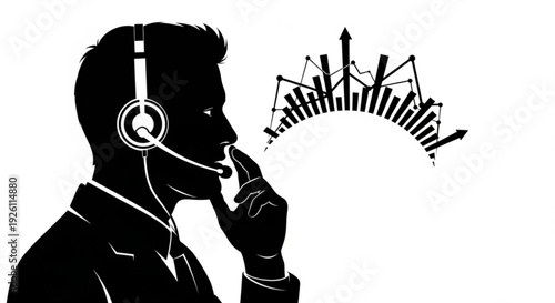 Black silhouette of a man wearing a headset with a thoughtful expression