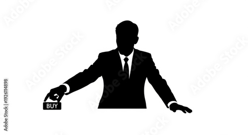Black silhouette of a businessman holding a buy sign