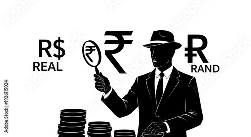 Black silhouette man in suit examining currency symbols with magnifying glass