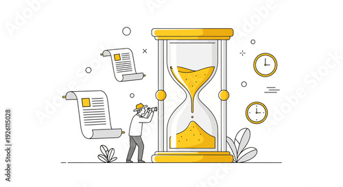 Man Working Next to Hourglass Illustration.