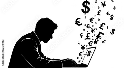 Man sitting at laptop with money symbols floating up