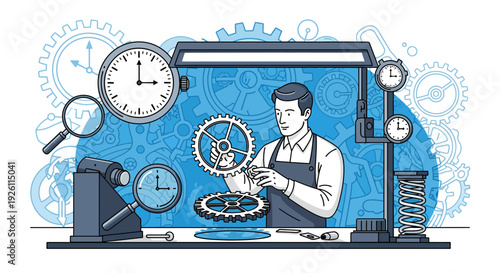 Mechanic Assembling Clock Gears and Components.