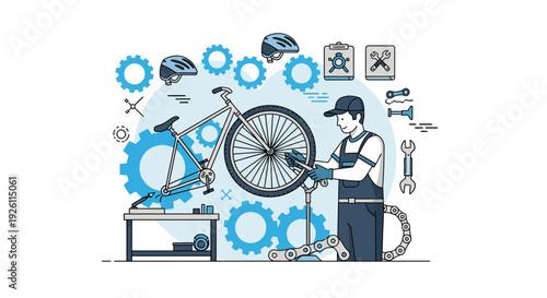 Mechanic Repairing Bicycle with Various Tools.