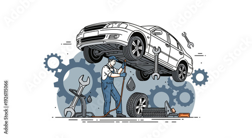 Mechanic Inspecting Car on Hydraulic Lift.