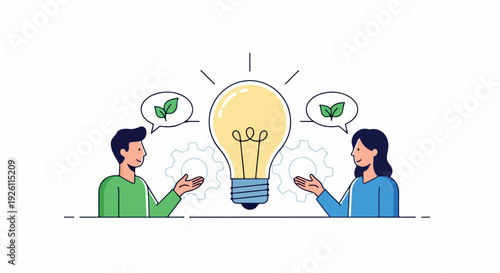 Flat illustration of a man and woman discussing ideas with a lightbulb between them on a white background with a green and blue color palette.