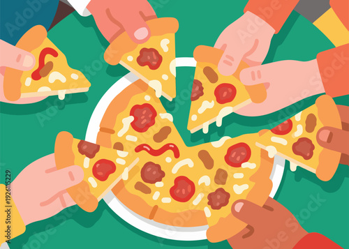 Eating Pizza Together Illustration Creative Design Template 