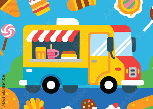 Food Truck Vector Cartoon Illustration Creative Design Template 