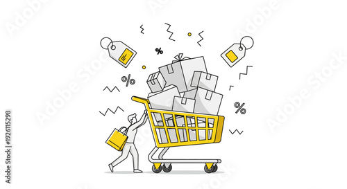 Person Pushing Shopping Cart with Various Items.
