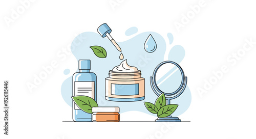 Skincare Products with Leaves and Moisturizer.