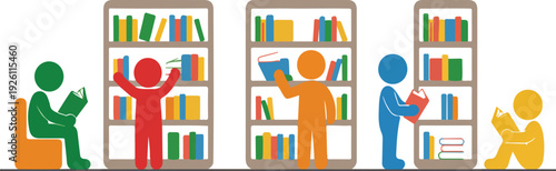 People Reading Books in a Library – Modern Digital Illustration