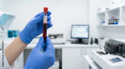 Laboratory technician holding blood sample test tube in blue gloves, clinical specimen analysis in sterile medical lab setting