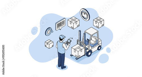 Warehouse Worker Scanning Packages with Forklift Nearby.