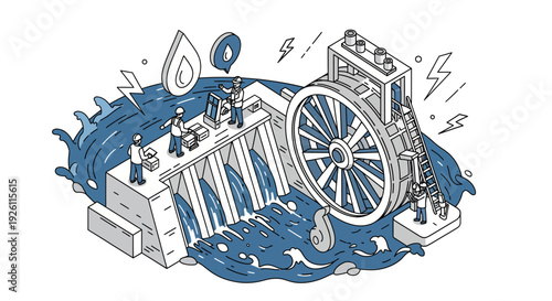 Water Mill with Water Wheel Illustration.