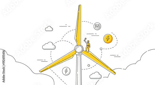 Wind Turbine Illustration with Human Figure.