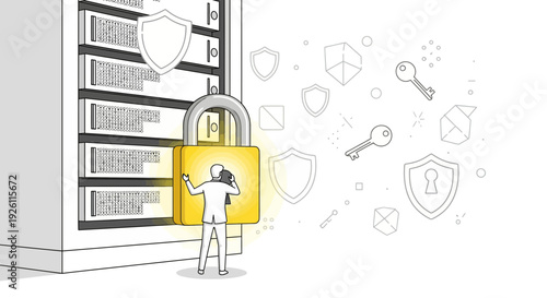 Woman Protecting Server with Padlock Security.