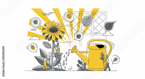 Yellow Watering Can and Sunflower Illustration.