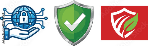 Cyber Security Shield Icon Set with Data Protection, Secure Network, Privacy Lock, Green Check Mark and Digital Safety Symbols