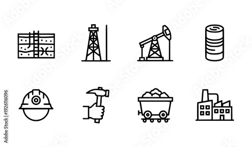 Mineral Extraction Process Monochrome Mining Icons Vector Illustration Set