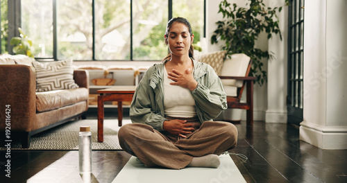 Obraz na plátne Yoga, woman and breathing in living room with meditation, chakra healing and peace for wellness