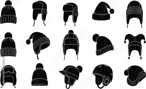 Winter hat silhouette collection, beanie illustration, trapper hat artwork