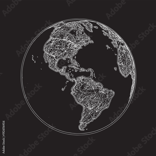 Earth globe one line drawing of world map vector illustration minimalist design of minimalism isolated on black background , vector style simple color