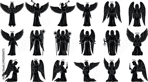 Angel silhouette collection, spiritual artwork design, religious clipart illustration