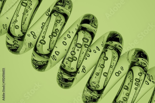 Transparent spiral shapes with air bubbles inside on green background, abstract 3D render for biotechnology, healthcare, cosmetic branding, laboratory research and science design