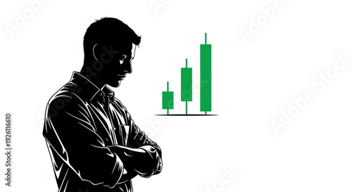 Silhouette of a man looking at green stock market candlestick charts