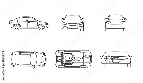 Car Multi View Linear Icon Set Editable Stroke Vehicle Outline Collection