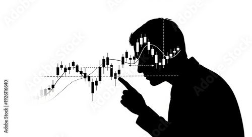 Silhouette of a man analyzing a stock market graph with finger pointing