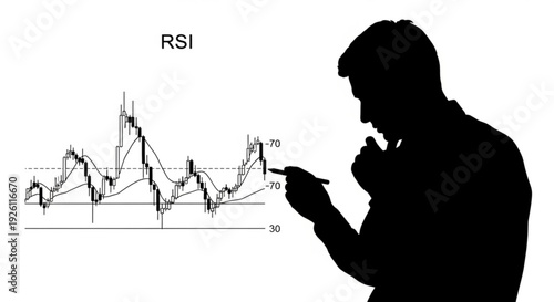Silhouette of a man analyzing a stock market graph with rsi indicator