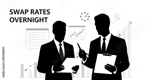 Two businessmen discussing swap rates overnight in a professional setting with graphs