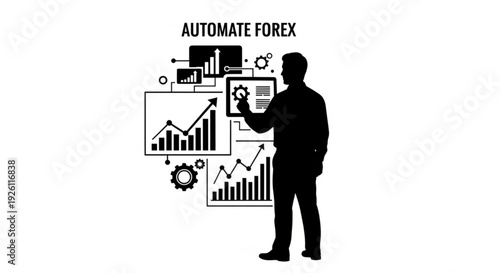 Black silhouette of a man analyzing forex charts and graphs to automate trading