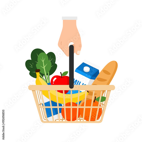 Hand holding grocery basket full of fresh food, fruits, vegetables, bread, milk
