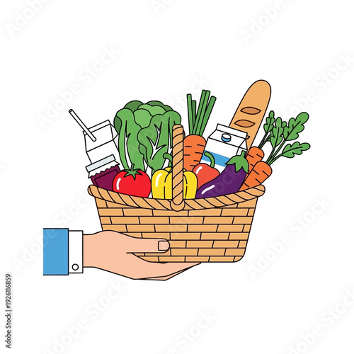 Hand Holding Grocery Basket Full of Fresh Vegetables, Bread, and Drinks