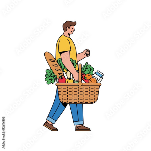 Man Carrying Grocery Basket Full of Fresh Food, Healthy Lifestyle, Shopping