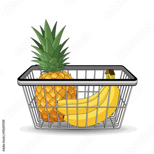 Fresh pineapple and bananas in a shopping basket, healthy food concept