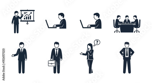 A collection of business professionals depicted in dark silhouettes showcasing various office scenes and interactions silhouette high quality