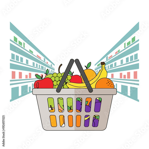 Grocery Basket Full of Fresh Fruits and Vegetables in Supermarket Aisle
