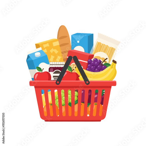 Full Grocery Basket with Fresh Food and Drinks